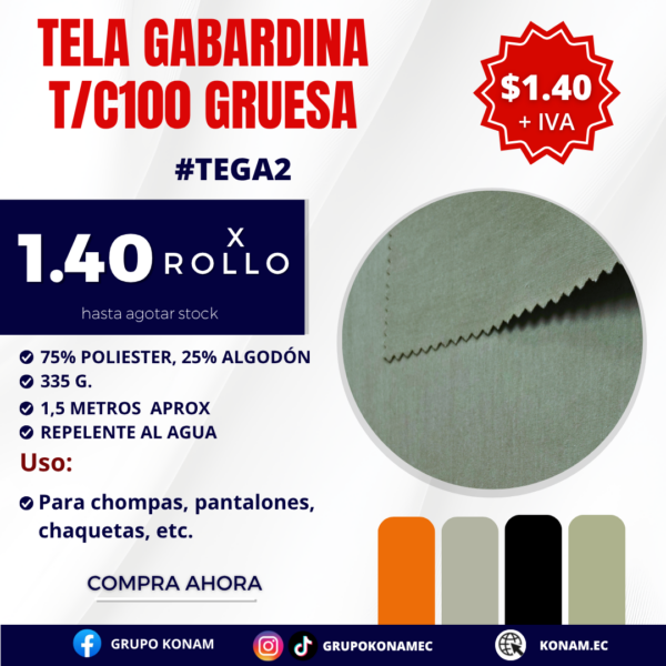 TELA GABARDINA T/C100 GRUESA #TEGA2 $1.40