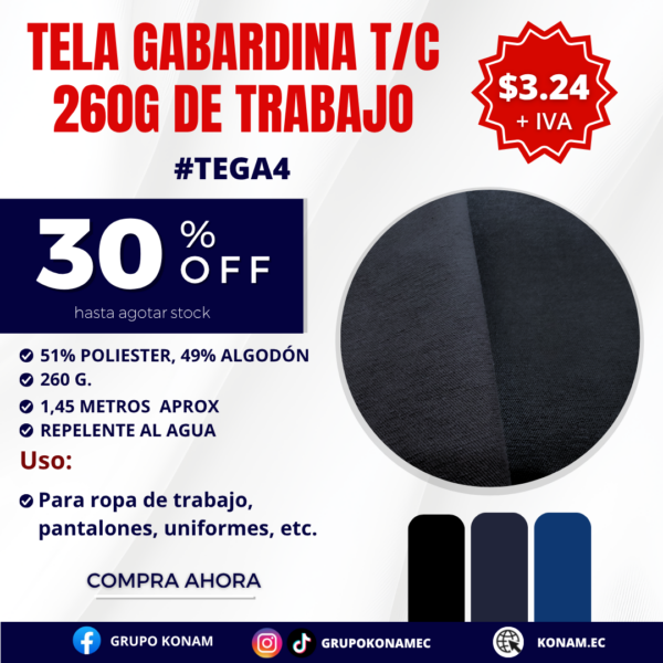 TELA GABARDINA T/C 260 G para trabajo #TEGA4