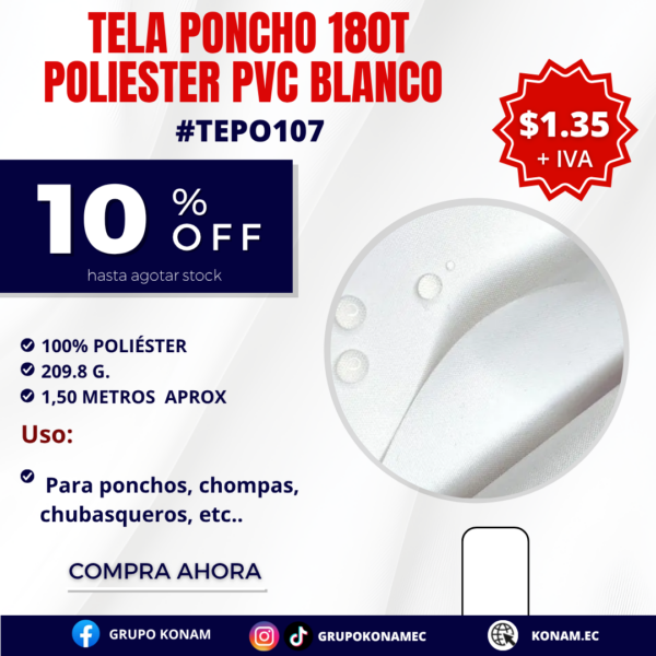 TELA PONCHO 180T BLANCA #TEPO107 -10% OFF