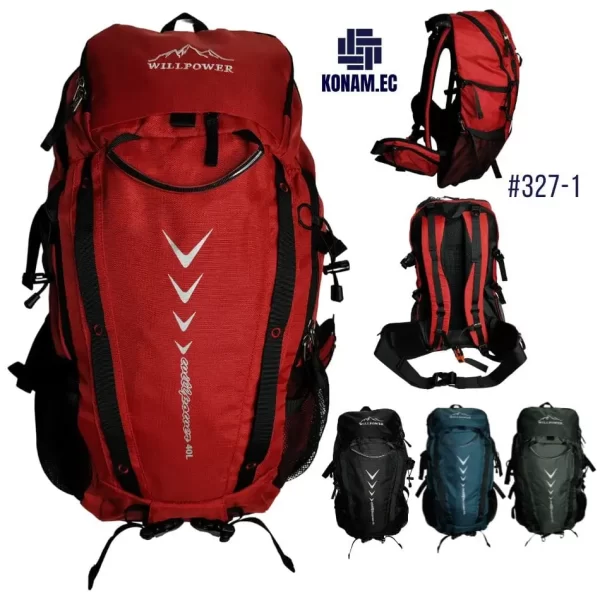 mochila will power 40 litros #327-1 camping rojo negro azul verde por mayor ecuador