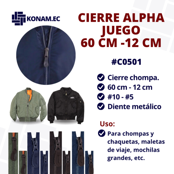 CIERRE CHOMPA ALPHA JUEGO 60CM-12CM #C0501