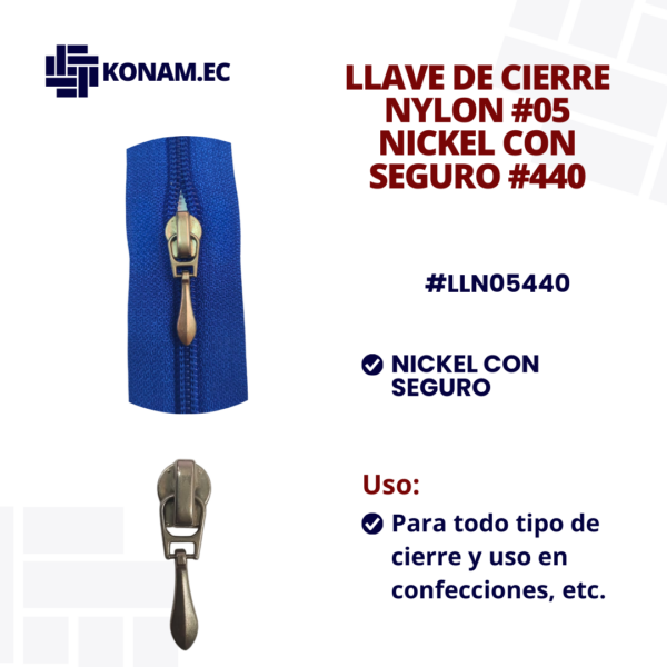 LLAVE DE CIERRE NYLON #05 NICKEL CON SEGURO #440 #LLN05440