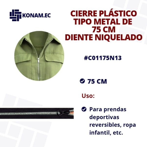 CIERRE PLÁSTICO TIPO METAL DIENTE NIQUELADO 75CM #C01175N13
