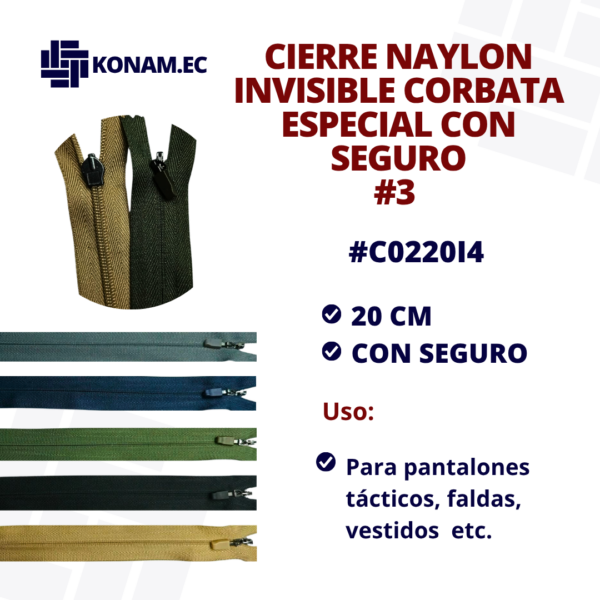 CIERRE NAYLON INVISIBLE CORBATA ESPECIAL CON SEGURO #3 #C0220I4